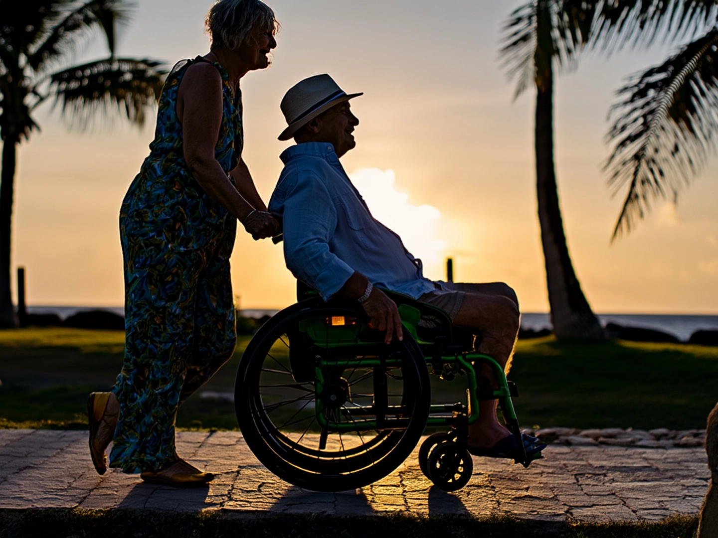 Mujer empujando la silla de ruedas de un hombre por un paseo al aire libre, con palmeras y el sol poniéndose en el horizonte.