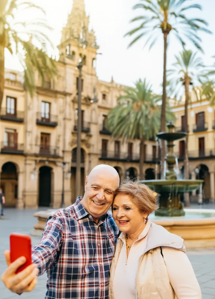 Hombre y mujer tomándose una selfie con un móvil rojo en una plaza con palmeras, fuente y edificios históricos al fondo.