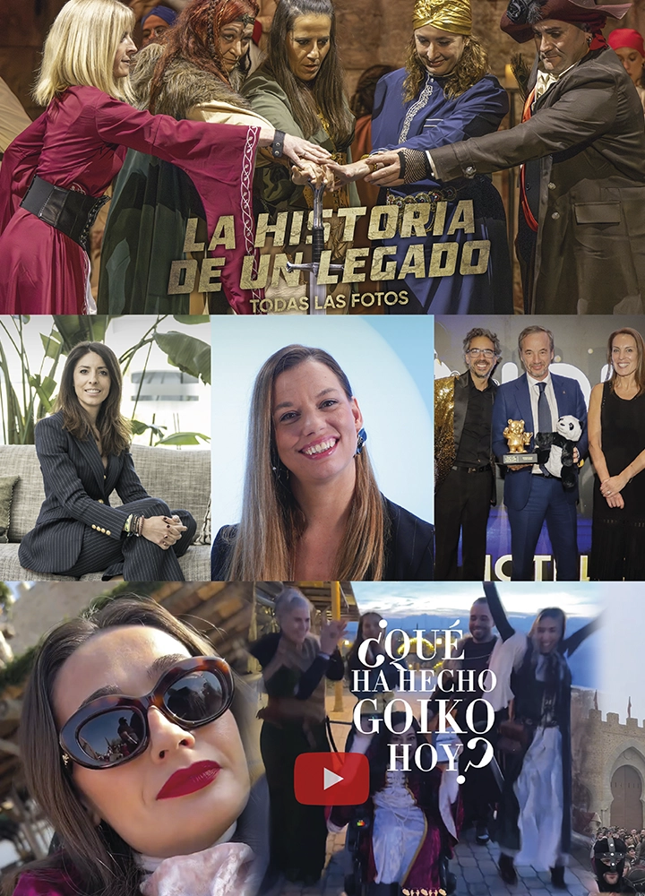 Foto superior Varias personas vestidas con trajes medievales o de época, formando un círculo y uniendo sus manos en el centro, como en un gesto de unión o celebración. En la parte inferior aparece el texto grande: “LA HISTORIA DE UN LEGADO” y debajo, en letras más pequeñas: “TODAS LAS FOTOS” Foto central izquierda Persona sentada en un sofá moderno, con un atuendo formal de rayas. El fondo muestra una terraza o espacio exterior con plantas y edificios visibles, lo que sugiere un ambiente urbano Foto central centro Retrato de una persona en primer plano, con fondo claro y uniforme, posiblemente una pared blanca o un fondo de estudio. La imagen está enfocada en la parte superior del cuerpo Foto central derecha Grupo de personas en un escenario durante una ceremonia o evento formal. Una persona sostiene dos figuras decorativas (una dorada y otra en forma de panda). El fondo incluye iluminación y decoración elegante, típico de una entrega de premios Foto inferior izquierda Mujer en primer plano con un fondo natural, posiblemente al aire libre, con vegetación visible. La imagen está parcialmente cubierta por un recuadro opaco Foto inferior derecha Varias personas vestidas con trajes medievales o históricos, participando en una actividad grupal en un espacio exterior con arquitectura antigua (arcos y muros de piedra). Sobre la imagen aparece el texto: “¿QUÉ HA HECHO GOIKO HOY?” junto al icono de reproducción de YouTube