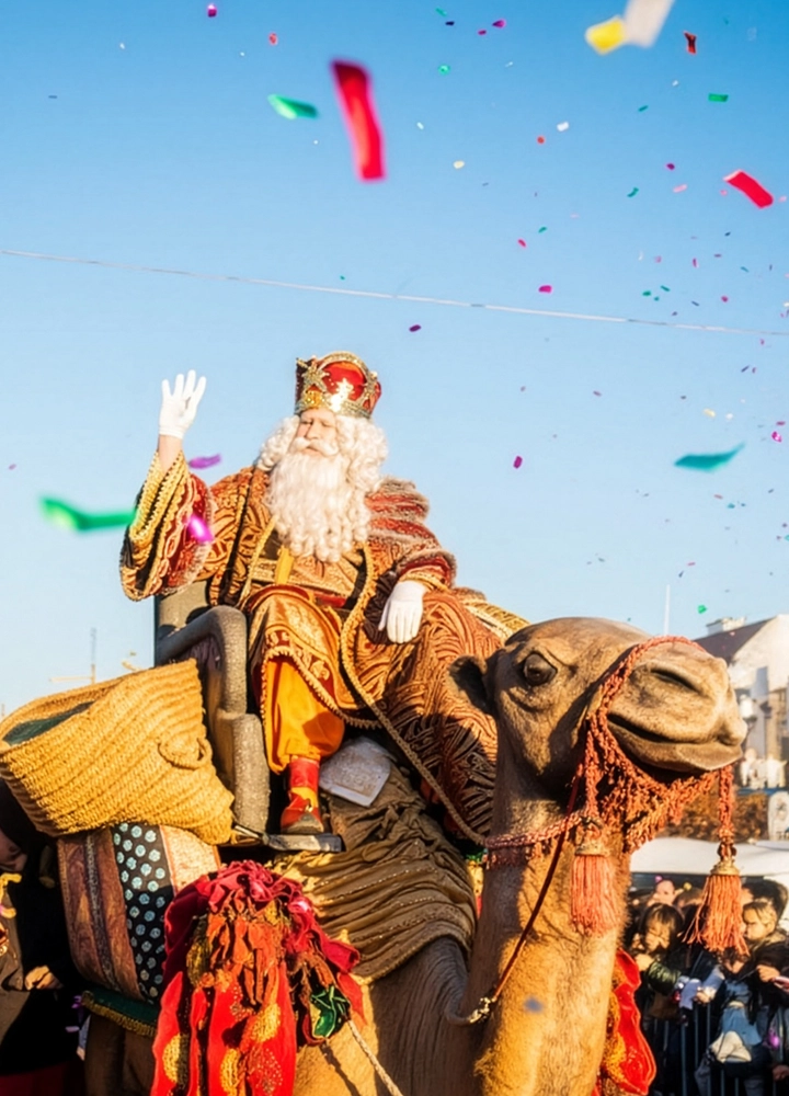 Escena festiva de la Cabalgata de Reyes con Melchor saludando desde un camello adornado con telas y borlas coloridas. El personaje lleva corona, túnica ornamentada y barba blanca, mientras cae confeti sobre la multitud. El cielo despejado y los edificios al fondo enmarcan esta celebración tradicional llena de alegría y simbolismo.