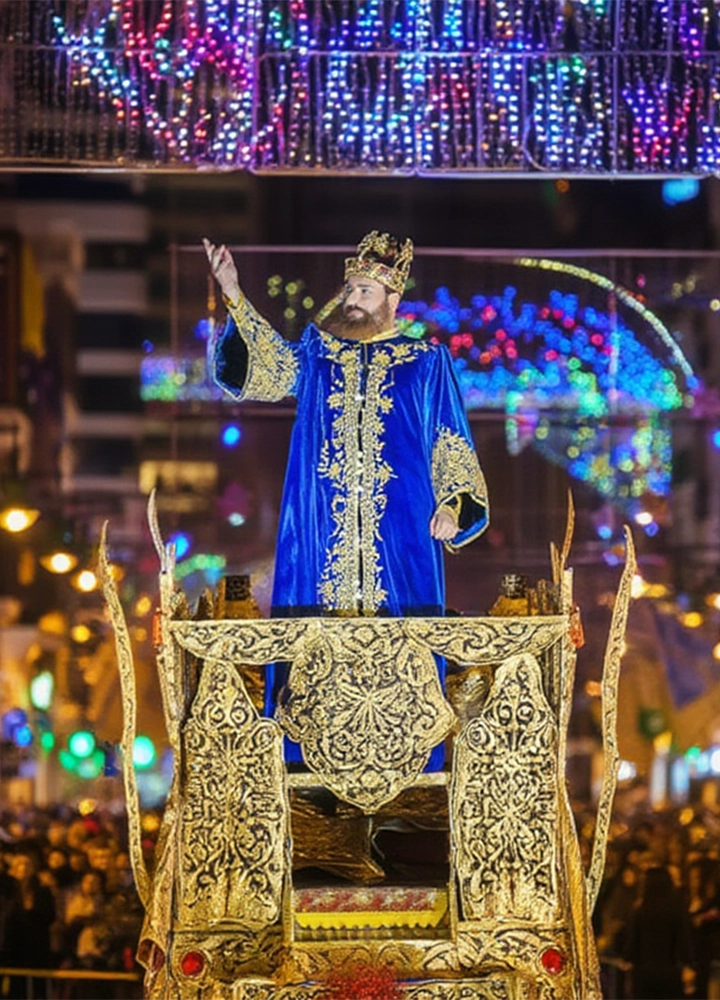 Escena festiva en un desfile nocturno con una figura real sobre una carroza decorada en dorado y rojo. El personaje, vestido con túnica azul bordada y corona dorada, saluda desde lo alto mientras las luces navideñas cruzan la calle. Los edificios iluminados y el ambiente alegre evocan la tradición de la Cabalgata de Reyes.