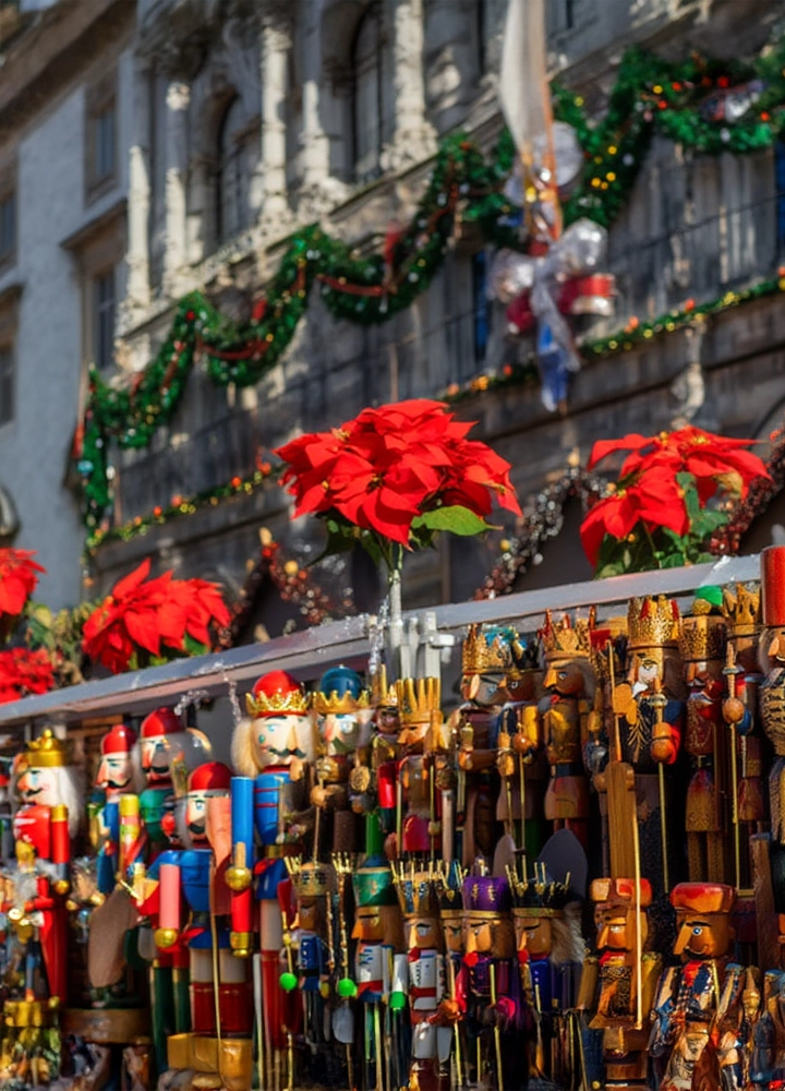 Puesto navideño al aire libre repleto de figuras de cascanueces de madera pintadas a mano, con trajes de reyes, soldados y personajes tradicionales. Sobre el expositor, decoraciones con flores de pascua rojas y guirnaldas verdes adornan la fachada de un edificio con detalles arquitectónicos clásicos. La escena transmite el encanto artesanal y festivo de los mercadillos navideños europeos.