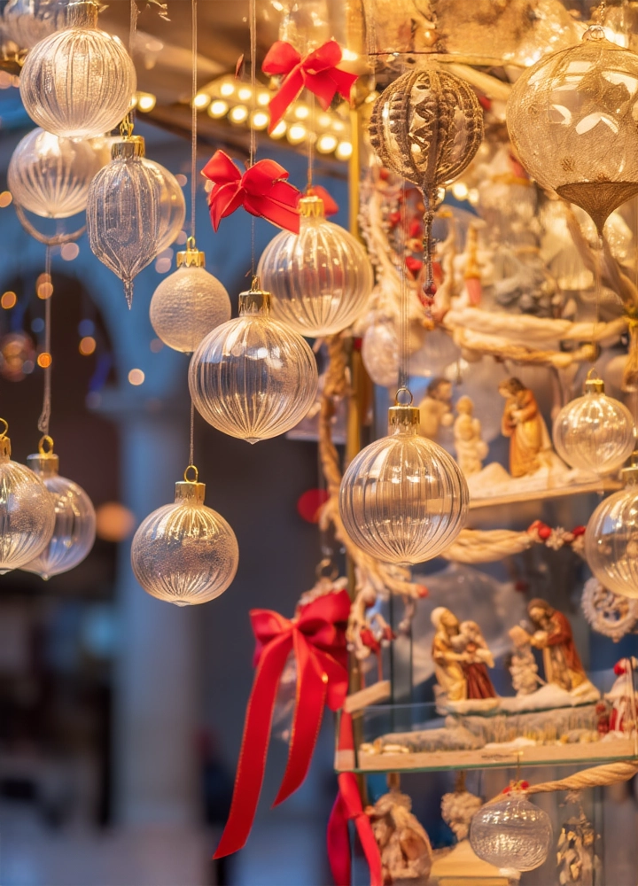 Expositor navideño con bolas de cristal colgantes, algunas con lazos rojos, y figuras de belén en segundo plano. La iluminación cálida y los detalles artesanales crean una atmósfera acogedora que celebra la tradición y el espíritu navideño.