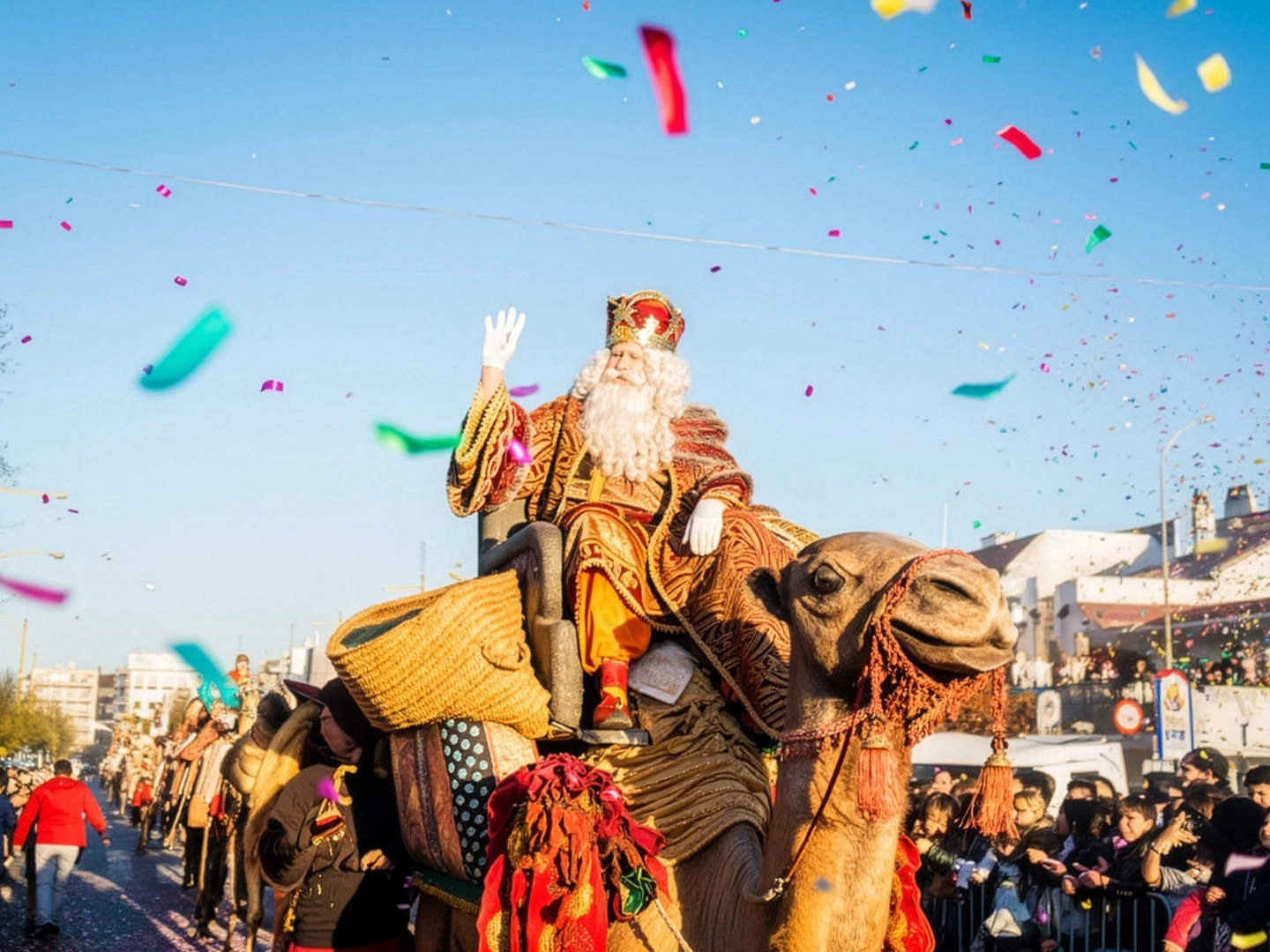 Escena festiva de la Cabalgata de Reyes con Melchor saludando desde un camello adornado con telas y borlas coloridas. El personaje lleva corona, túnica ornamentada y barba blanca, mientras cae confeti sobre la multitud. El cielo despejado y los edificios al fondo enmarcan esta celebración tradicional llena de alegría y simbolismo.