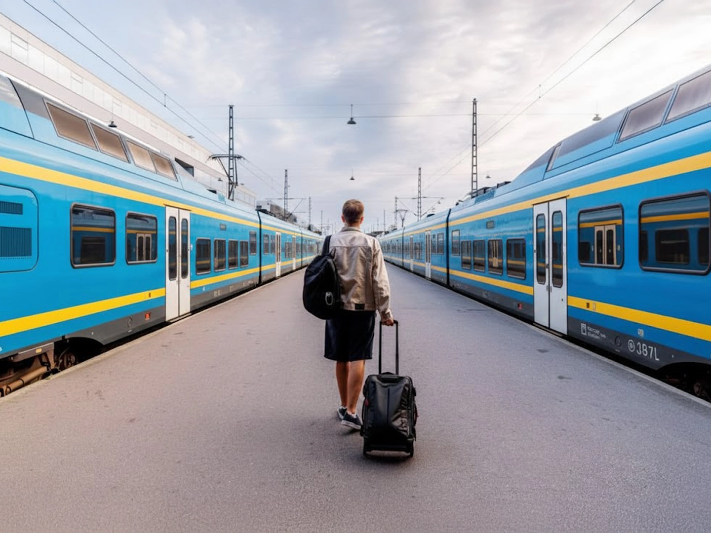Hombre de espaldas de pie, en un andén entre dos trenes azules con franjas amarillas, sosteniendo una maleta con ruedas y una mochila, bajo un cielo parcialmente nublado.