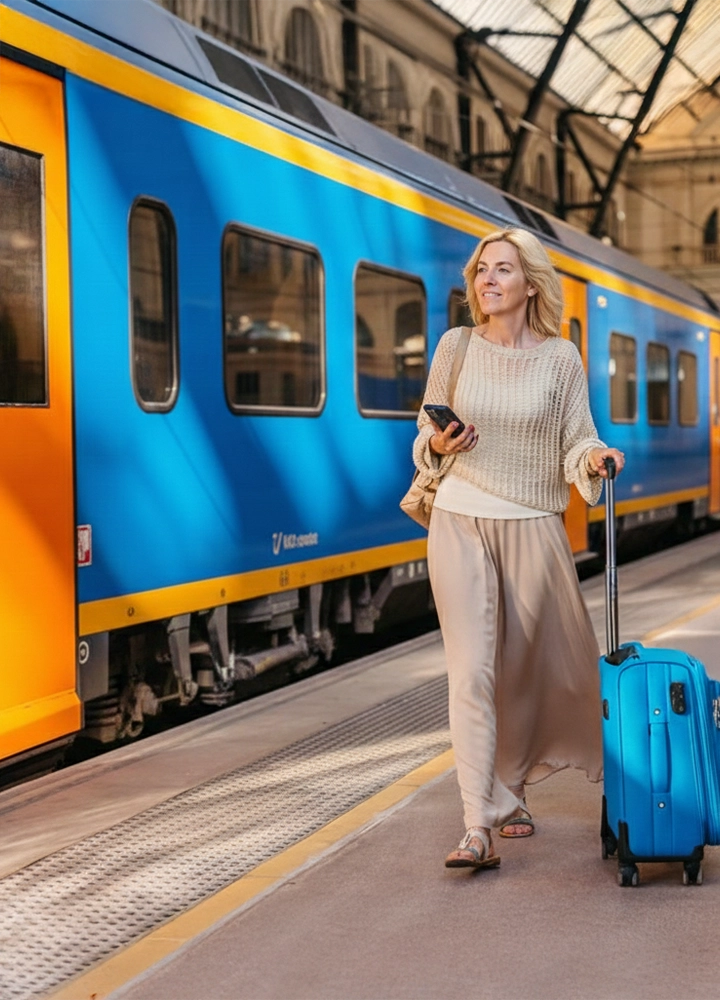 Mujer caminando por el andén junto a un tren azul y naranja, con maleta de ruedas azul y móvil en la mano, vestida con suéter claro y falda larga.