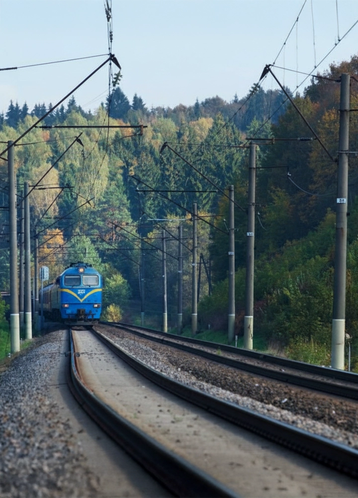 Tren azul avanzando por una vía ferroviaria rodeada de postes eléctricos y vegetación, con árboles altos al fondo bajo cielo despejado.