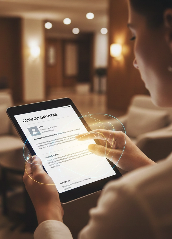 Persona revisando un currículum digital en una tablet, en un entorno moderno y bien iluminado que podría ser el vestíbulo de un hotel o una sala de espera corporativa. La pantalla muestra el título “CURICULUM VITAE” junto a datos parcialmente visibles en neerlandés, lo que sugiere un perfil internacional. Elementos gráficos alrededor de la tablet evocan una interfaz futurista o de realidad aumentada.