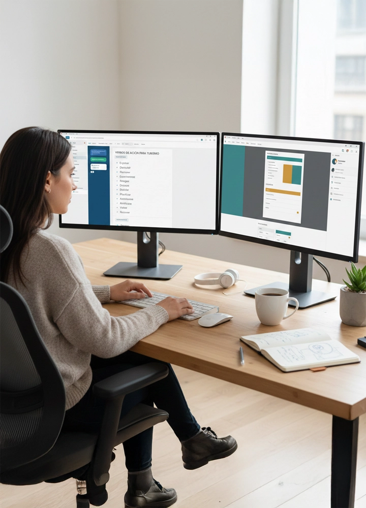Persona trabajando en un escritorio moderno y bien iluminado, con configuración de doble pantalla. En el monitor izquierdo se muestra un documento titulado “VERBOS DE ACCIÓN PARA TURISMO”. El monitor derecho presenta una interfaz digital con barra lateral y área de contenido. El entorno incluye taza de café, auriculares y libreta abierta con notas manuscritas, transmitiendo concentración, organización y enfoque profesional en contenidos turísticos y educativos.