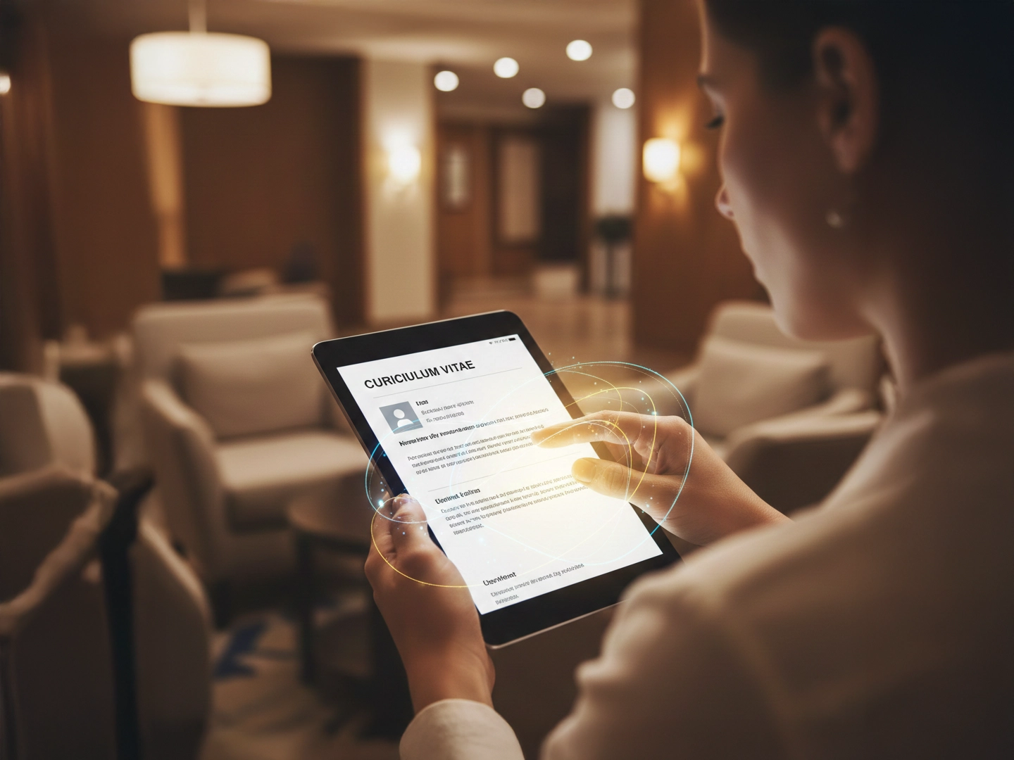 Persona revisando un currículum digital en una tablet, en un entorno moderno y bien iluminado que podría ser el vestíbulo de un hotel o una sala de espera corporativa. La pantalla muestra el título “CURICULUM VITAE” junto a datos parcialmente visibles en neerlandés, lo que sugiere un perfil internacional. Elementos gráficos alrededor de la tablet evocan una interfaz futurista o de realidad aumentada.