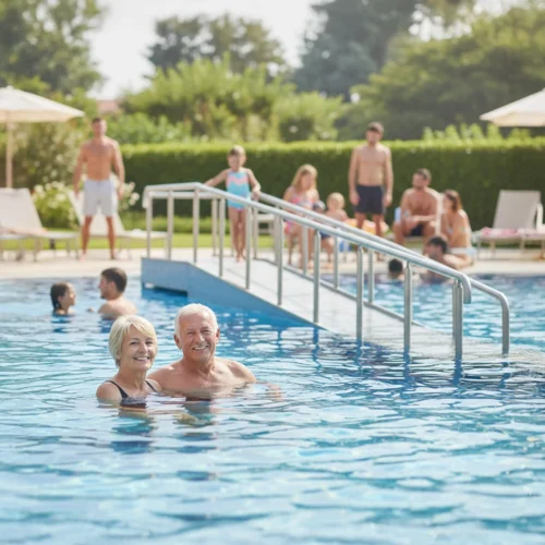 Piscina accesible y ambiente alegre, con personas de distintas edades disfrutando bajo el sol.