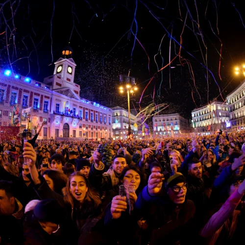 Multitud reunida frente a la Real Casa de Correos en la Puerta del Sol, Madrid, celebrando la Nochevieja. El reloj iluminado marca la cuenta atrás hacia la medianoche, mientras los asistentes sostienen uvas y copas, siguiendo la tradición española de tomar doce uvas al ritmo de las campanadas para atraer la buena suerte. La escena está llena de confeti, serpentinas y luces festivas, transmitiendo alegría colectiva y el valor cultural de esta celebración emblemática.