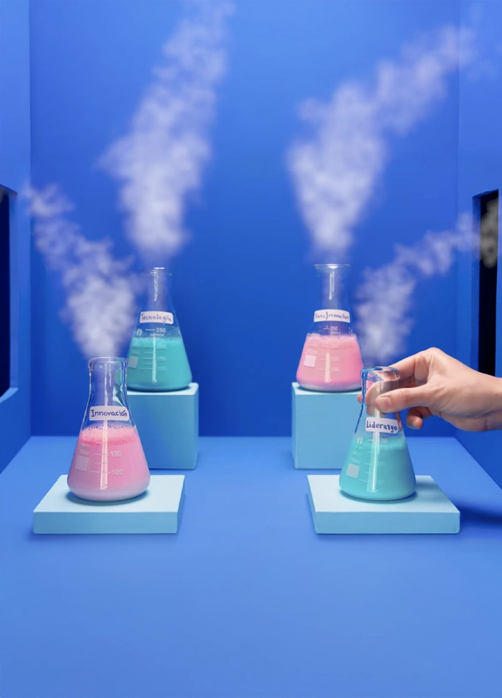 Cuatro matraces de laboratorio con líquidos de colores y humo, etiquetados como Innovación, Tecnología, Transformación y Liderazgo, sobre un fondo azul brillante.