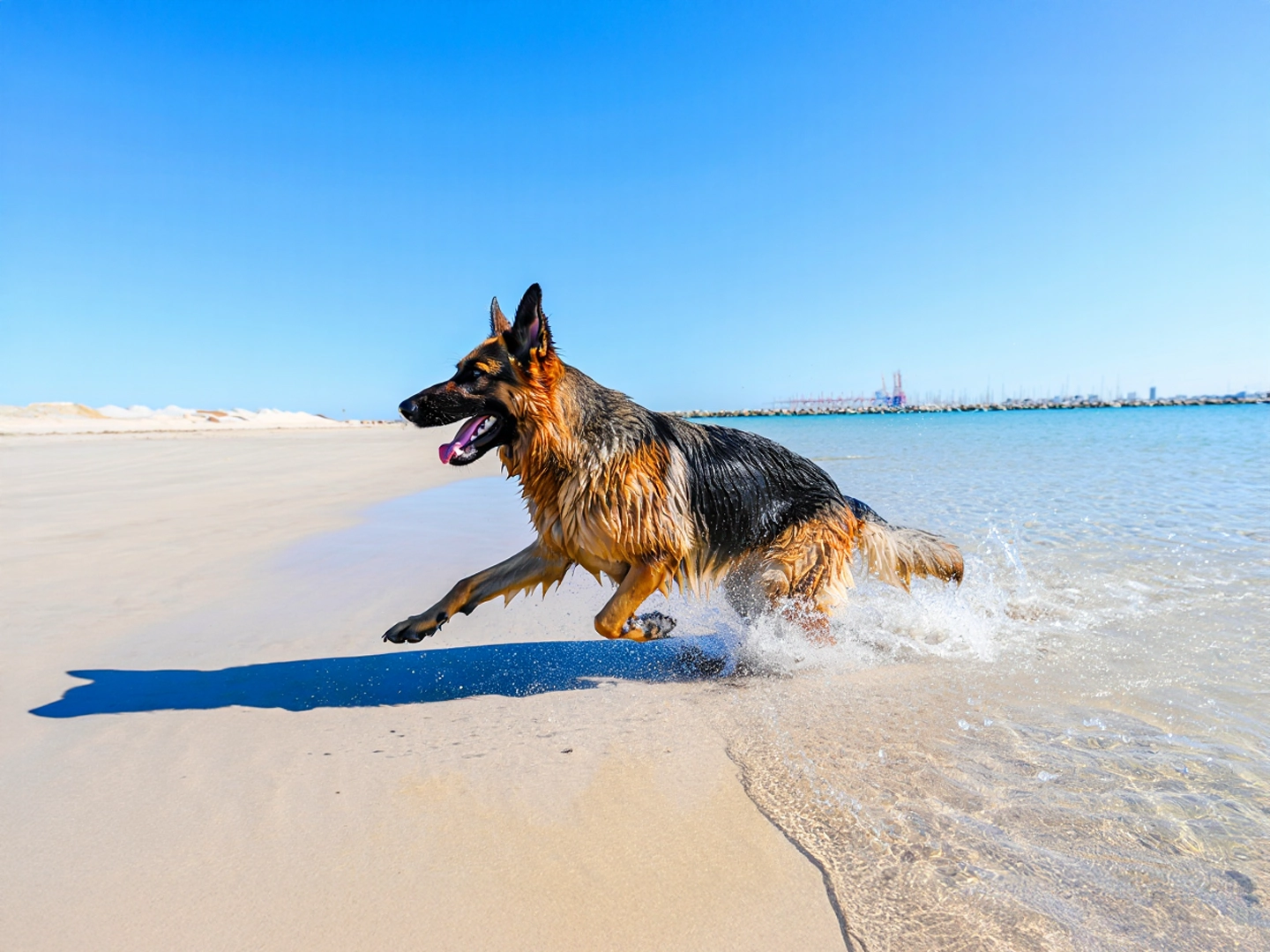 Un pastor alemán corre con energía por la orilla de una playa, con salpicaduras de agua alrededor de sus patas. Su pelaje mojado indica que ha estado jugando en el mar. Al fondo se aprecia el cielo azul despejado, el agua tranquila y una vista lejana de un puerto con grúas y embarcaciones. La escena transmite dinamismo, libertad y conexión con la naturaleza, ideal para comunicar bienestar animal, ocio al aire libre o experiencias pet-friendly en entornos urbanos costeros.