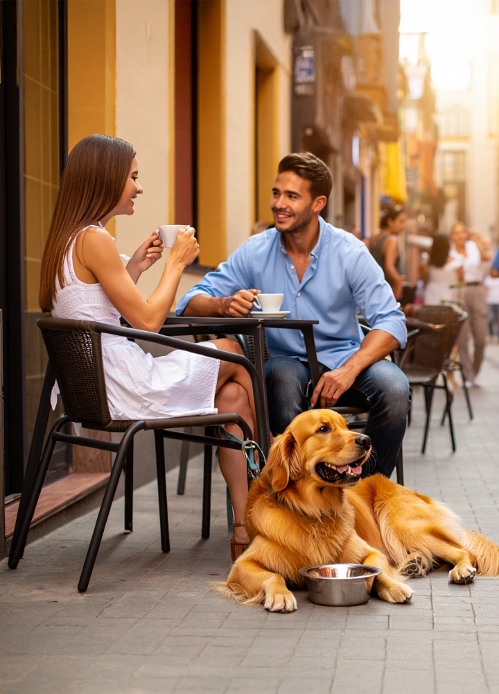 Pareja sentada en una terraza urbana disfrutando de un café. Ella viste un vestido blanco; él, camisa azul clara. Ambos sostienen tazas blancas y conversan con actitud relajada. Frente a ellos, un golden retriever descansa en el suelo junto a un cuenco metálico de agua, atado a la mesa. El entorno muestra fachadas coloridas y personas paseando, transmitiendo una atmósfera vibrante, acogedora y pet-friendly.