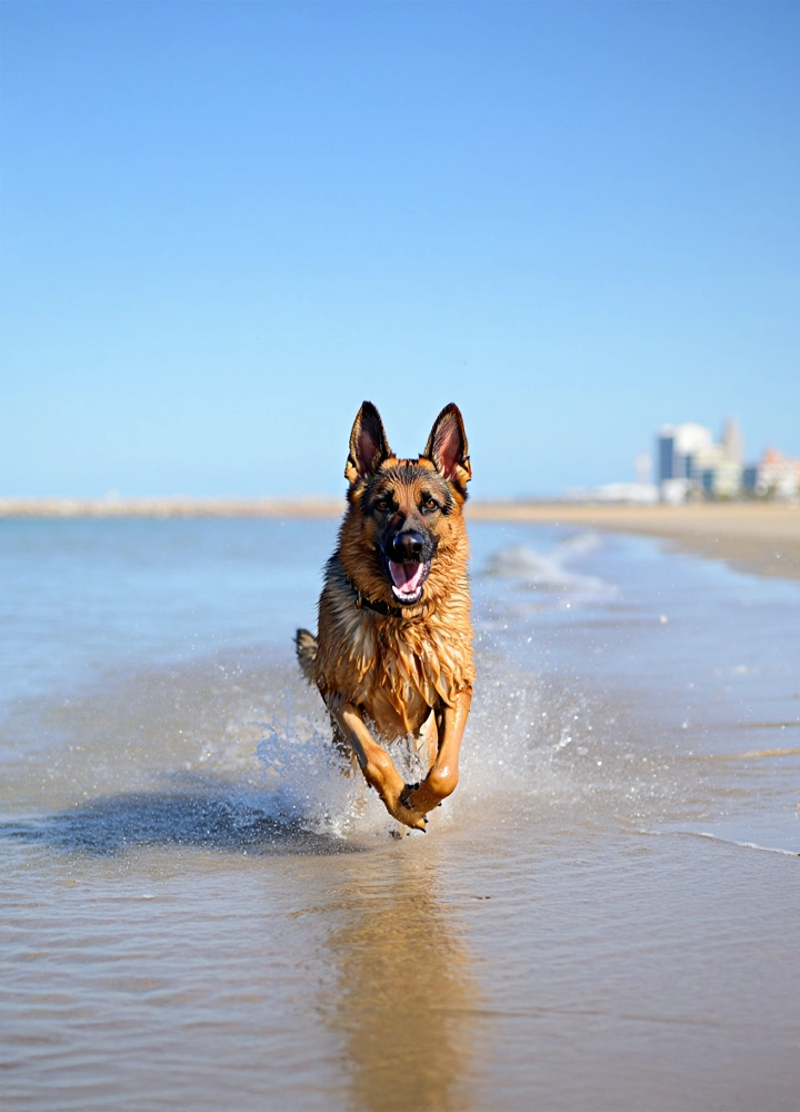 Un pastor alemán corre con energía por aguas poco profundas en una playa, con salpicaduras alrededor de sus patas. Su pelaje mojado indica que ha estado jugando en el agua. El cielo azul despejado y los edificios al fondo sugieren un entorno costero urbano. La imagen transmite dinamismo, libertad y conexión con la naturaleza, ideal para comunicar bienestar animal, ocio al aire libre o experiencias pet-friendly.