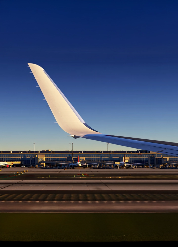 Vista desde la ventanilla de un avión, con el ala y su winglet en primer plano bajo un cielo azul despejado. Al fondo se observa la terminal del aeropuerto con varios aviones conectados a pasarelas de embarque. La pista y calles de rodaje muestran señalización y elementos de iluminación. La luz cálida sugiere que es temprano por la mañana o al final de la tarde. La imagen transmite movimiento, infraestructura y la experiencia del pasajero en un entorno aeroportuario moderno.
