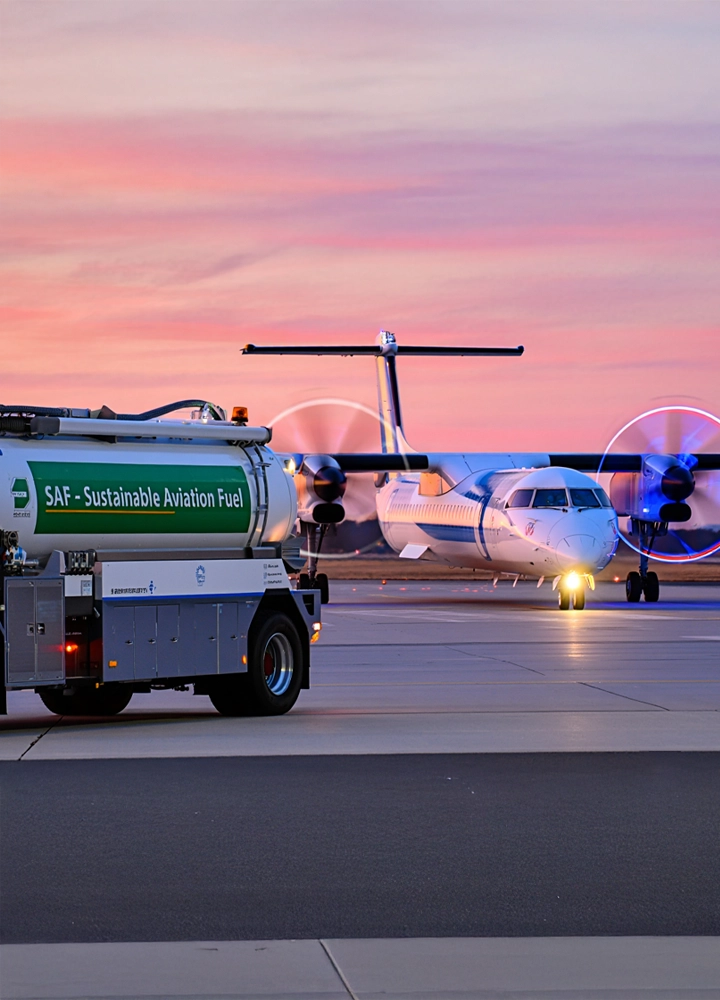 Escena en pista de aeropuerto durante el amanecer o atardecer, con un avión de hélice en funcionamiento y un camión cisterna en primer plano rotulado como “SAF - Sustainable Aviation Fuel”. Las hélices en movimiento y la luz cálida del cielo en tonos rosados y violetas aportan dinamismo y belleza visual. La imagen transmite innovación, compromiso medioambiental y transición energética en el sector aéreo, ideal para comunicar sostenibilidad, tecnología limpia y responsabilidad institucional.