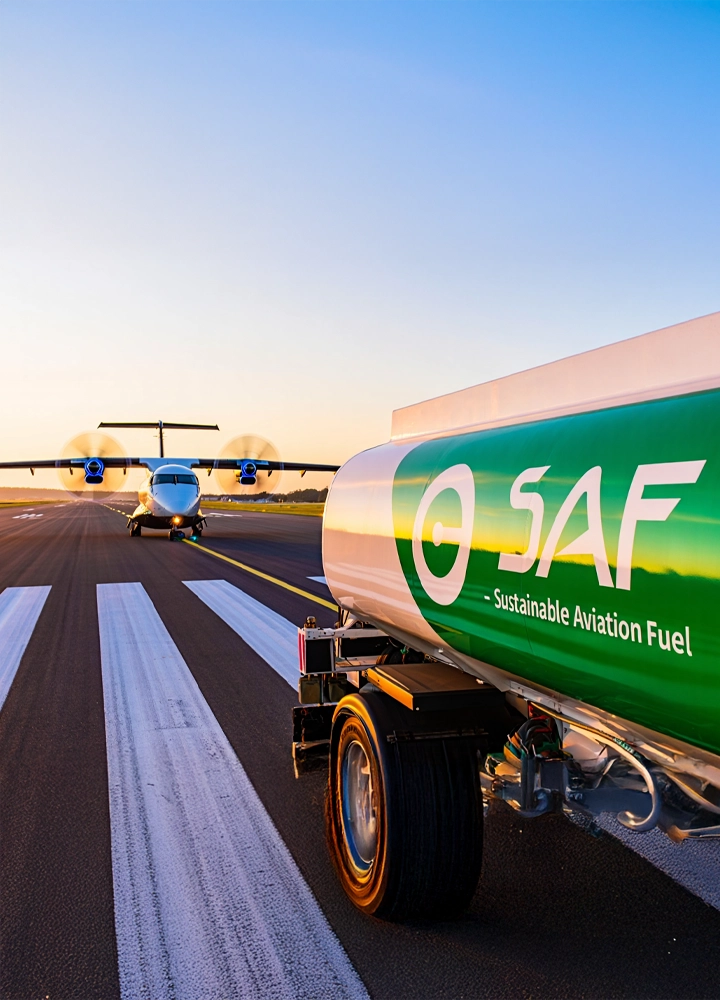 Primer plano de un camión cisterna en pista de aeropuerto con la etiqueta “SAF - Sustainable Aviation Fuel”. Al fondo, un avión bimotor se encuentra en posición, posiblemente para despegar o tras aterrizar. La luz cálida del amanecer o atardecer proyecta sombras alargadas, creando una atmósfera serena. La imagen transmite innovación, compromiso medioambiental y transición energética en el sector aeronáutico, ideal para comunicar sostenibilidad, tecnología limpia y responsabilidad institucional.