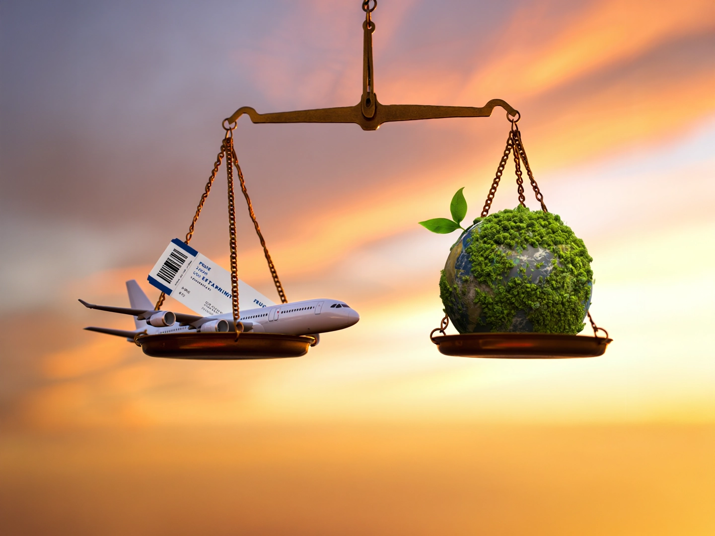 Balanza suspendida en el aire contra un cielo al atardecer. En el lado izquierdo, un avión de juguete con dos billetes representa el transporte aéreo; en el derecho, un globo terráqueo cubierto de musgo con hojas verdes simboliza la sostenibilidad ambiental. Ambos lados están equilibrados, transmitiendo una metáfora visual sobre el reto de armonizar movilidad moderna y responsabilidad ecológica. Ideal para comunicar transición energética, turismo responsable o políticas de sostenibilidad.