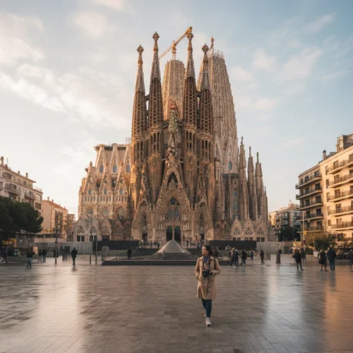 La Sagrada Família iluminada al atardecer, con visitantes en la plaza, símbolo de arte y cultura.