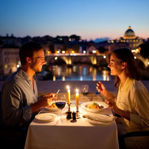 Cena romántica junto al río en Roma, con velas, pasta y vistas nocturnas que evocan intimidad y belleza.