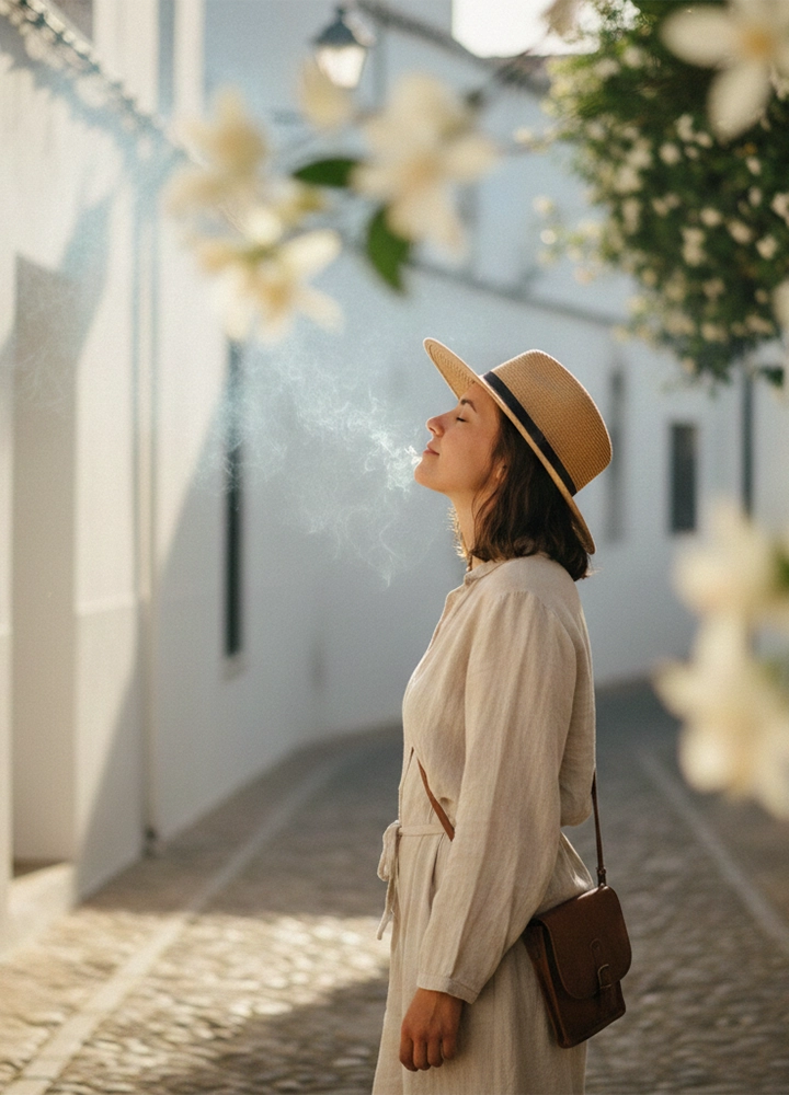 Una mujer con un vestido de lino claro y un sombrero de paja exhala un vapor suave mientras camina por una calle estrecha y empedrada de un pueblo de casas blancas. Tiene los ojos cerrados y el rostro ligeramente elevado hacia la luz del sol, transmitiendo una sensación de serenidad. En el primer plano, unas flores blancas desenfocadas enmarcan la escena, mientras que las paredes blancas de los edificios crean un pasillo luminoso y tranquilo bajo la luz cálida de la tarde.