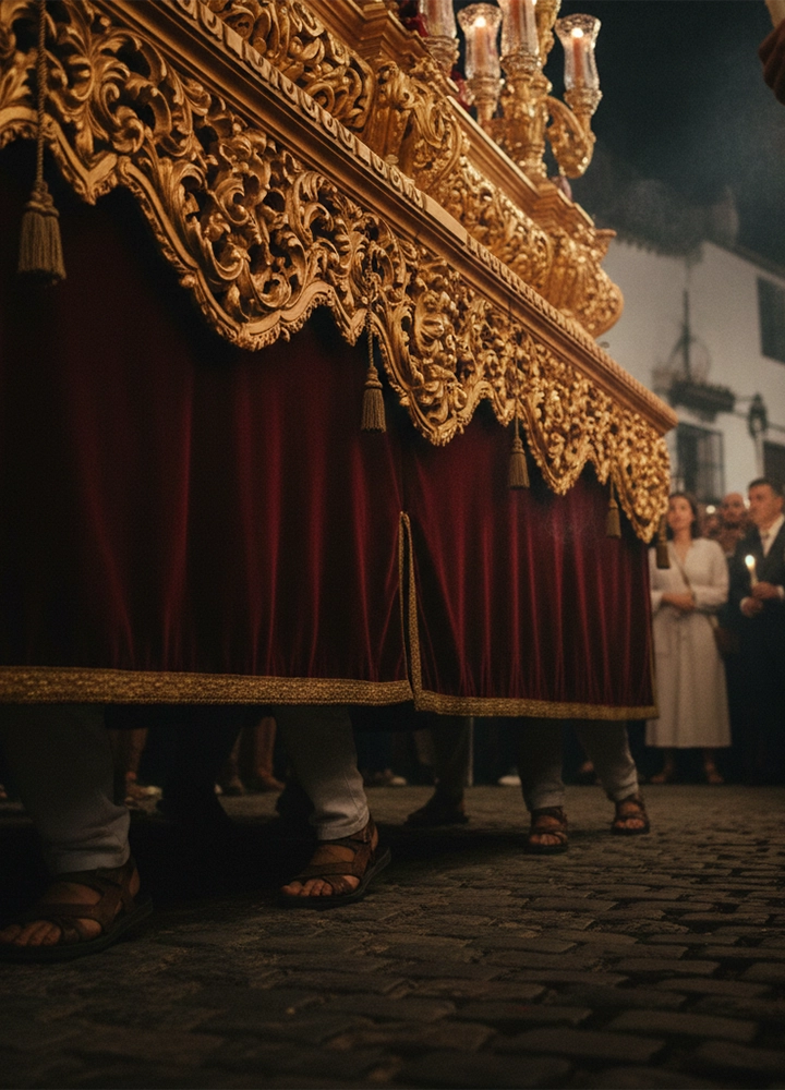 Plano contrapicado de un paso de procesión religioso decorado con tallas doradas intrincadas y faldones de terciopelo granate. Por debajo del faldón, se ven los pies de los costaleros con sandalias caminando sobre el suelo de piedra. Al fondo, entre la multitud y bajo la luz de los cirios, se distingue a la mujer del vestido claro observando con respeto.