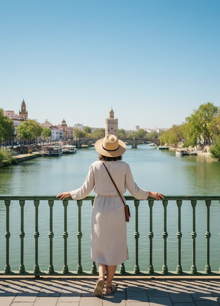 Vista desde atrás de una mujer con vestido claro y sombrero de paja, apoyada en la barandilla verde de un puente. Contempla un río ancho que atraviesa una ciudad histórica con edificios antiguos, torres y árboles a las orillas bajo un cielo azul despejado.