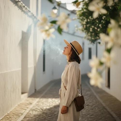 Una mujer con un vestido de lino claro y un sombrero de paja exhala un vapor suave mientras camina por una calle estrecha y empedrada de un pueblo de casas blancas. Tiene los ojos cerrados y el rostro ligeramente elevado hacia la luz del sol, transmitiendo una sensación de serenidad. En el primer plano, unas flores blancas desenfocadas enmarcan la escena, mientras que las paredes blancas de los edificios crean un pasillo luminoso y tranquilo bajo la luz cálida de la tarde.