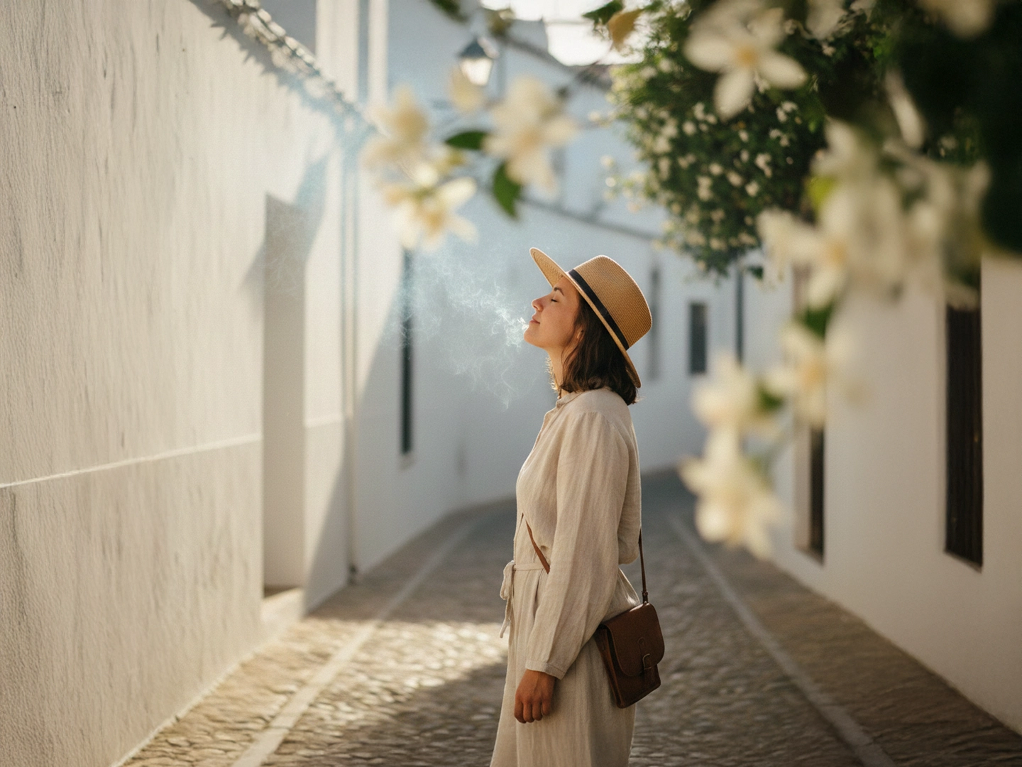 Una mujer con un vestido de lino claro y un sombrero de paja exhala un vapor suave mientras camina por una calle estrecha y empedrada de un pueblo de casas blancas. Tiene los ojos cerrados y el rostro ligeramente elevado hacia la luz del sol, transmitiendo una sensación de serenidad. En el primer plano, unas flores blancas desenfocadas enmarcan la escena, mientras que las paredes blancas de los edificios crean un pasillo luminoso y tranquilo bajo la luz cálida de la tarde.