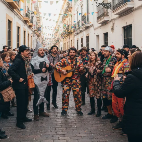 Un grupo de personas disfrazadas con trajes coloridos y creativos —incluyendo uno de pez y otros con patrones de rombos— cantan y tocan la guitarra en una calle estrecha y empedrada. La calle está adornada con guirnaldas de banderines de colores que cruzan de un balcón a otro, y el aire está lleno de confeti. Al fondo, se aprecia una multitud que llena la vía entre edificios blancos tradicionales, creando un ambiente festivo y vibrante.