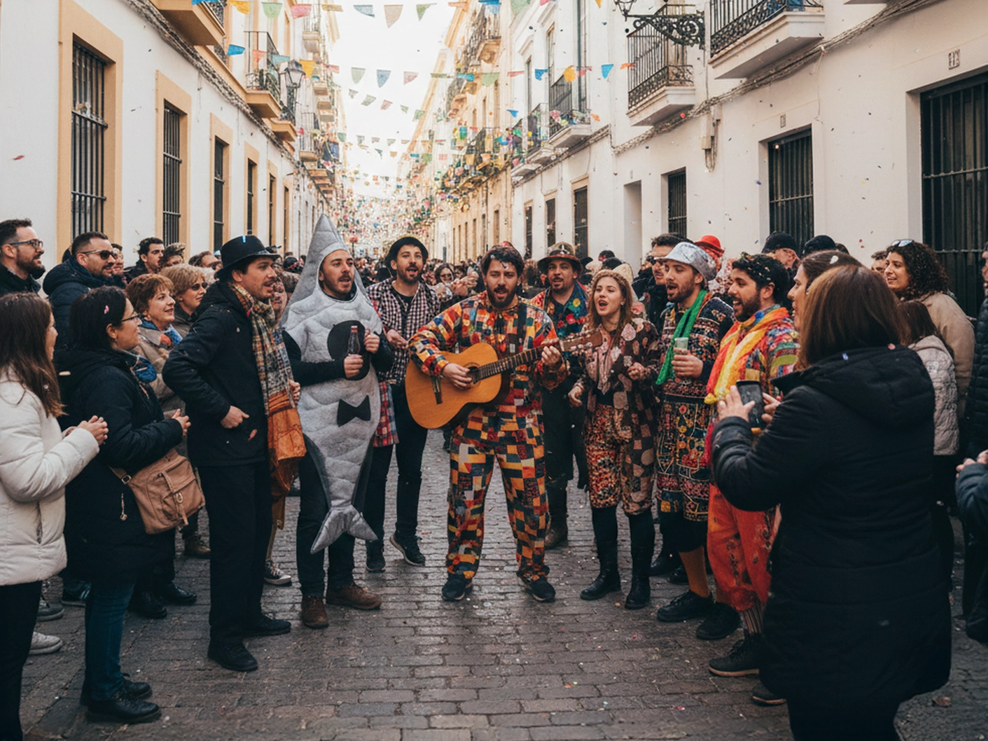 Un grupo de personas disfrazadas con trajes coloridos y creativos —incluyendo uno de pez y otros con patrones de rombos— cantan y tocan la guitarra en una calle estrecha y empedrada. La calle está adornada con guirnaldas de banderines de colores que cruzan de un balcón a otro, y el aire está lleno de confeti. Al fondo, se aprecia una multitud que llena la vía entre edificios blancos tradicionales, creando un ambiente festivo y vibrante.