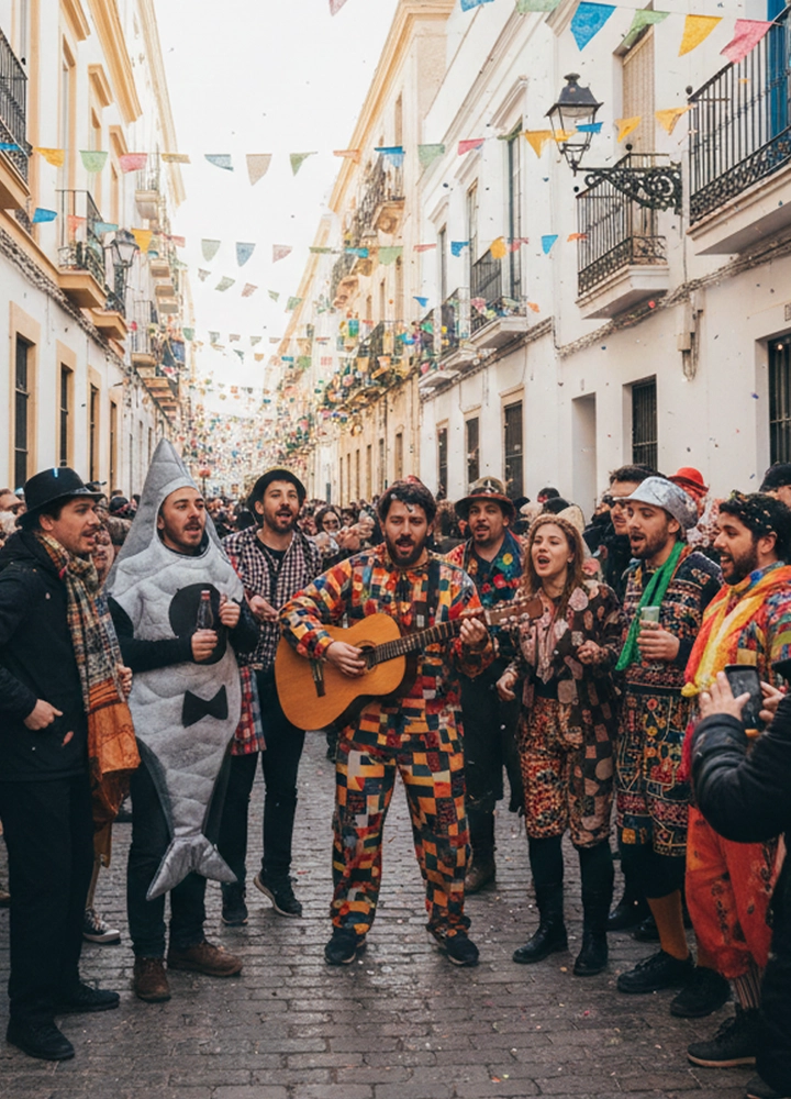 Un grupo de personas disfrazadas con trajes coloridos y creativos —incluyendo uno de pez y otros con patrones de rombos— cantan y tocan la guitarra en una calle estrecha y empedrada. La calle está adornada con guirnaldas de banderines de colores que cruzan de un balcón a otro, y el aire está lleno de confeti. Al fondo, se aprecia una multitud que llena la vía entre edificios blancos tradicionales, creando un ambiente festivo y vibrante.
