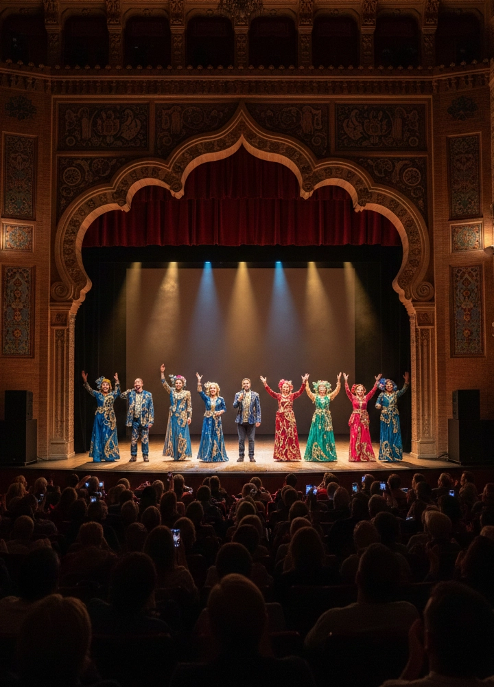 Vista desde el público de un escenario de teatro clásico con un arco ornamentado de estilo árabe. Sobre las tablas, un elenco de nueve artistas vestidos con trajes folclóricos brillantes y coloridos —predominando el azul, rojo y verde— saludan con los brazos en alto bajo focos de luz. En primer plano, se ve la silueta de la audiencia en penumbra, algunos de ellos sosteniendo teléfonos móviles para grabar la escena.