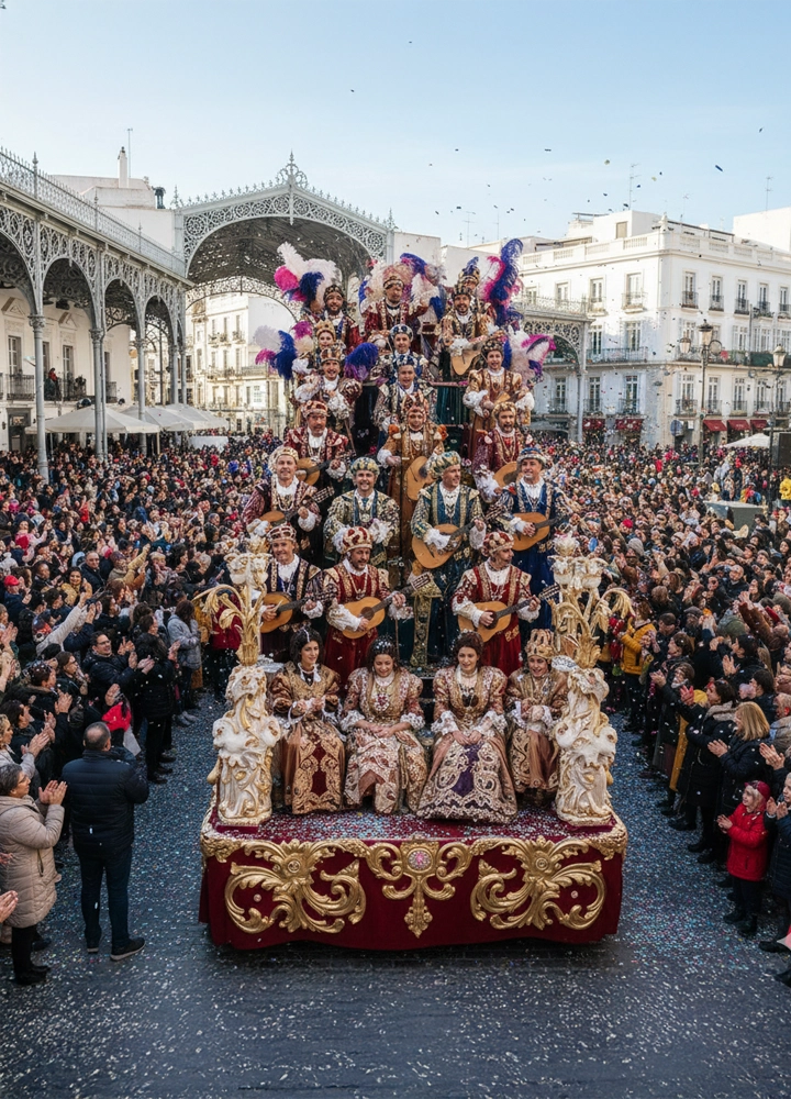 Una gran carroza festiva de estilo barroco desfila por una plaza abarrotada de gente bajo un cielo despejado. En la carroza, un grupo numeroso de músicos vestidos con trajes de época ornamentados tocan instrumentos de cuerda, mientras que en la parte delantera se sientan cuatro mujeres con vestidos tradicionales de gala. La multitud a ambos lados aplaude el paso de la carroza en una calle empedrada decorada con confeti, rodeada de edificios blancos y una gran estructura metálica de arcos calados