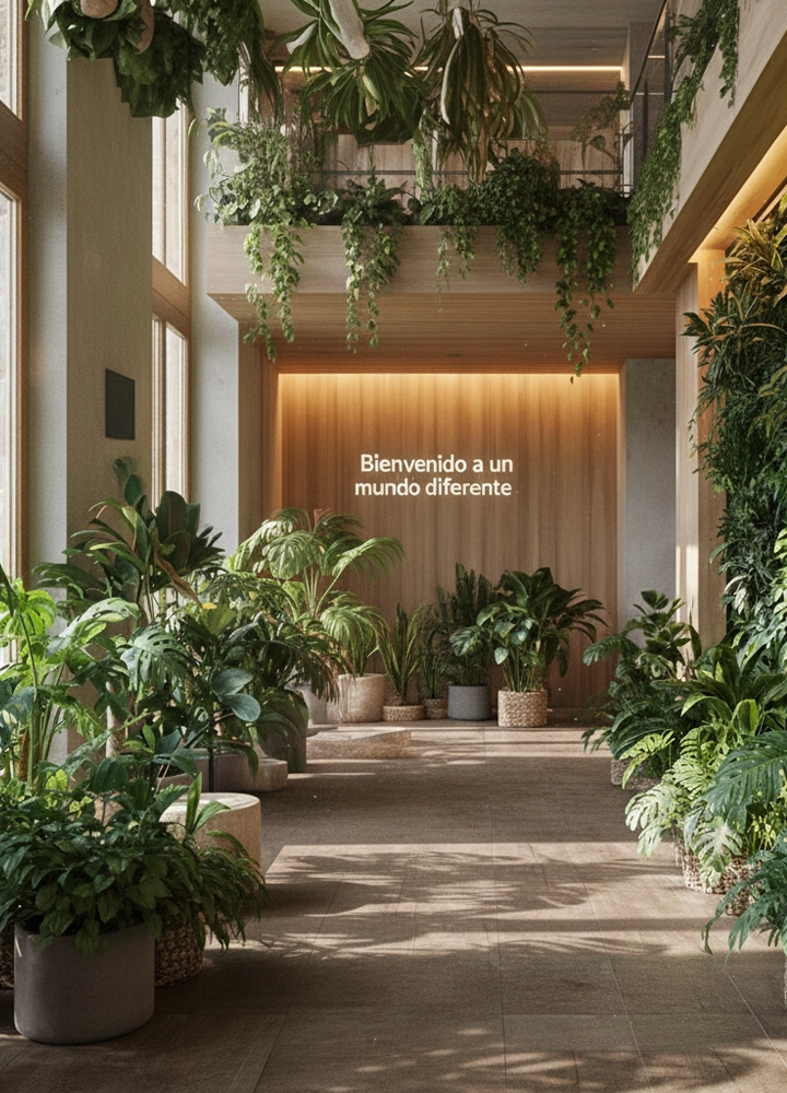 Vista de un pasillo interior amplio y luminoso decorado con abundantes plantas tropicales en macetas y jardines verticales. El diseño utiliza madera clara en paredes y techos, con una iluminación cálida y suave. En el centro de una pared de madera del fondo, se lee el texto blanco: 'Bienvenido a un mundo diferente'. La escena transmite una sensación de frescura, sostenibilidad y tranquilidad.