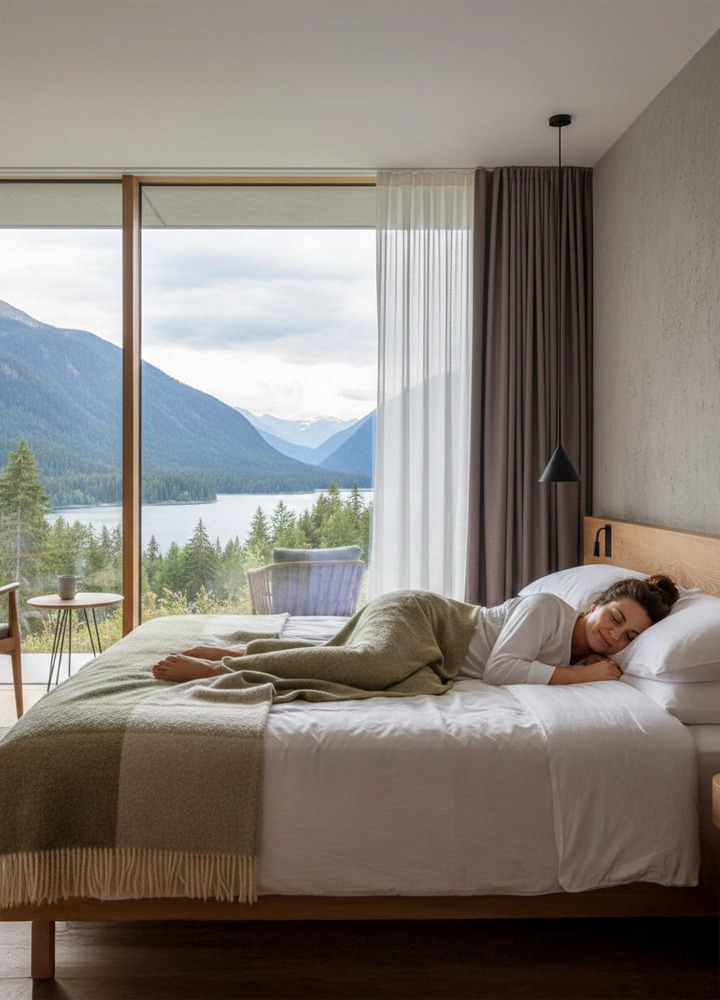Una mujer descansa plácidamente en una cama de diseño minimalista dentro de una habitación moderna con un gran ventanal. A través del cristal, se aprecia una vista espectacular de un lago rodeado de montañas frondosas y pinos bajo un cielo nublado. La estancia tiene tonos neutros, una lámpara colgante negra y mantas de lana en tonos verdes y beige, creando una atmósfera de calma y confort.