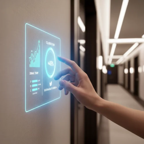 Primer plano de una mano interactuando con una pantalla táctil digital holográfica proyectada en la pared de un pasillo moderno. La interfaz muestra datos de eficiencia energética, incluyendo un gráfico de reducción de CO2, un indicador de '+45%', control de temperatura por zonas y una calificación de sostenibilidad 'A+'. El fondo es un pasillo de hotel minimalista con líneas de luz integradas en el techo.