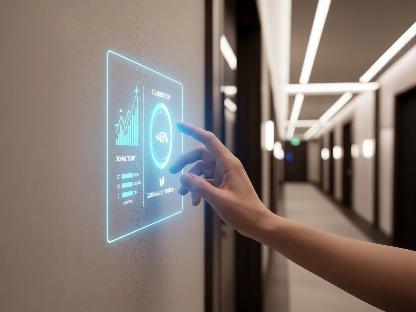 Primer plano de una mano interactuando con una pantalla táctil digital holográfica proyectada en la pared de un pasillo moderno. La interfaz muestra datos de eficiencia energética, incluyendo un gráfico de reducción de CO2, un indicador de '+45%', control de temperatura por zonas y una calificación de sostenibilidad 'A+'. El fondo es un pasillo de hotel minimalista con líneas de luz integradas en el techo.