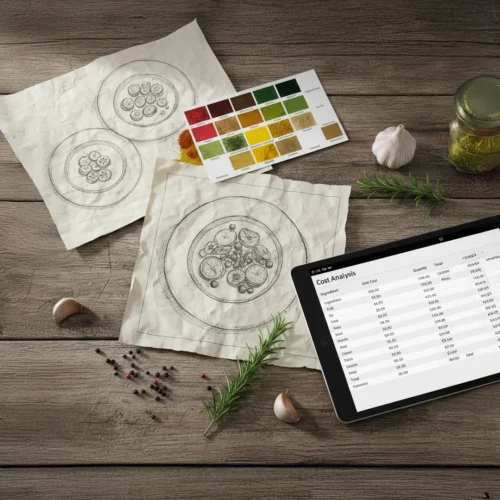 Vista cenital sobre una mesa de madera rústica que contiene bocetos de platos dibujados a mano en papel arrugado, una paleta de colores de especias, ingredientes como ajos y romero, y una tableta digital mostrando una tabla de 