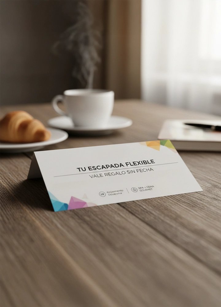 Una tarjeta de regalo plegada sobre una mesa de madera que dice 