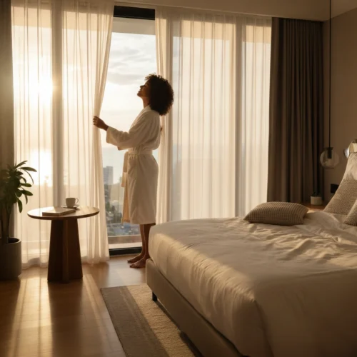 Una mujer con una bata blanca se detiene frente a un gran ventanal en una habitación de hotel iluminada por el sol, abriendo ligeramente unas cortinas blancas traslúcidas para mirar hacia el exterior. La luz cálida del amanecer baña la estancia, donde se aprecia una cama impecable en primer plano y una pequeña mesa de madera con una taza de café y un libro al lado. Al fondo, a través del cristal, se divisa una vista difuminada de la ciudad y el mar bajo un cielo suave.