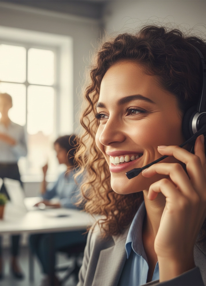 Primer plano de perfil de una mujer joven con el pelo rizado, sonriendo alegremente mientras utiliza un auricular con micrófono en una oficina luminosa. Al fondo, se aprecian otras personas trabajando de forma desenfocada.