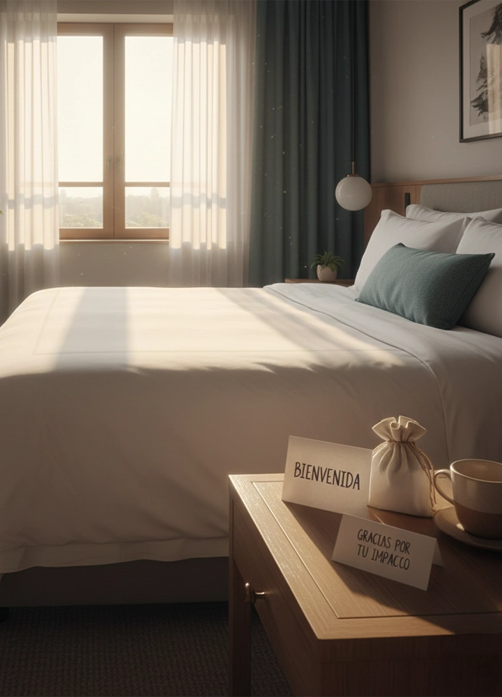 Una luminosa habitación de hotel con una cama doble hecha con sábanas blancas, donde la luz del sol entra por la ventana. En primer plano, una mesilla de noche de madera con una tarjeta de 