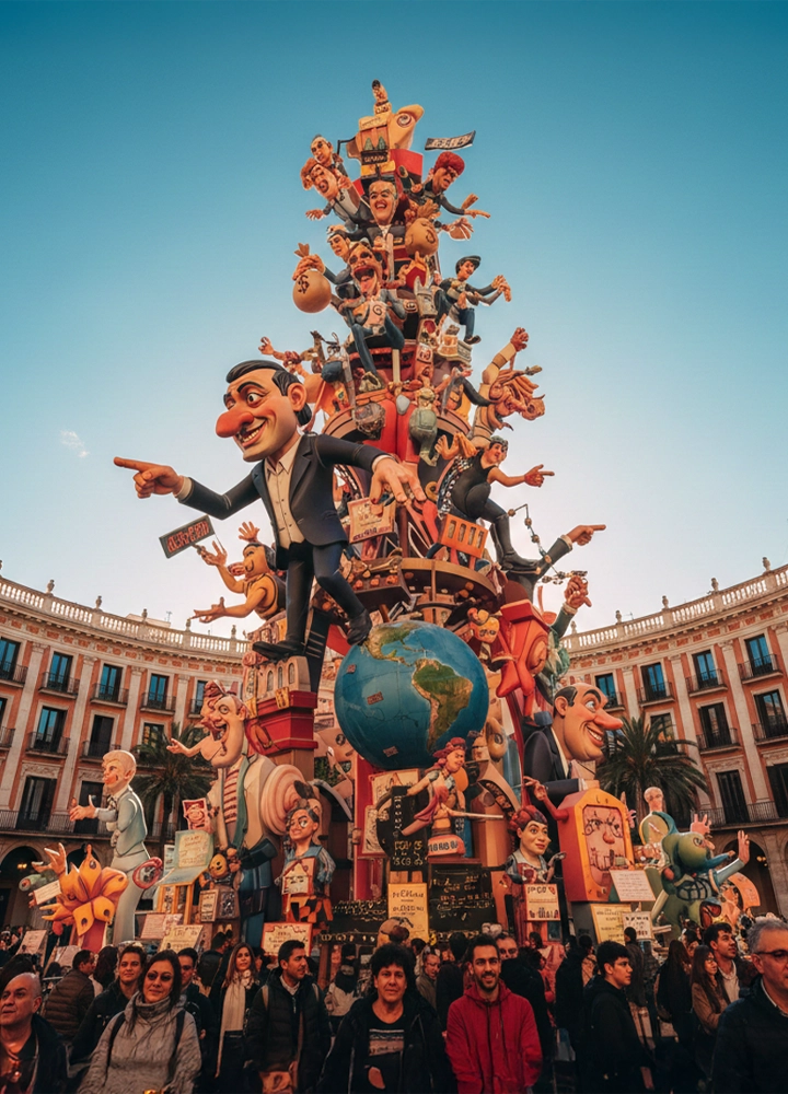 Gran escultura satírica de una Falla en una plaza circular rodeada de edificios clásicos con soportales. La estructura central, de varios metros de altura, presenta numerosas caricaturas de personajes, destacando uno en traje que señala hacia un lado y un globo terráqueo en la base. Una multitud de personas contempla la escena bajo un cielo despejado.