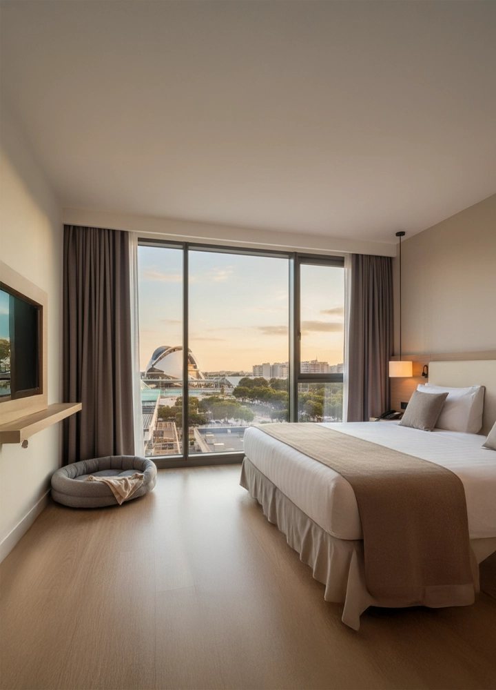 Habitación de hotel moderna y luminosa con una cama doble impecable, tonos neutros y una gran ventana de suelo a techo. A través del ventanal se aprecia una vista panorámica de la Ciudad de las Artes y las Ciencias de Valencia al atardecer. Junto a la ventana, en el suelo de madera, hay una cama redonda para mascotas.