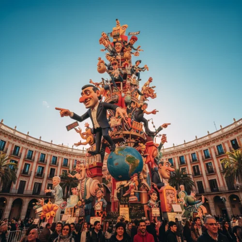 Gran escultura satírica de una Falla en una plaza circular rodeada de edificios clásicos con soportales. La estructura central, de varios metros de altura, presenta numerosas caricaturas de personajes, destacando uno en traje que señala hacia un lado y un globo terráqueo en la base. Una multitud de personas contempla la escena bajo un cielo despejado.