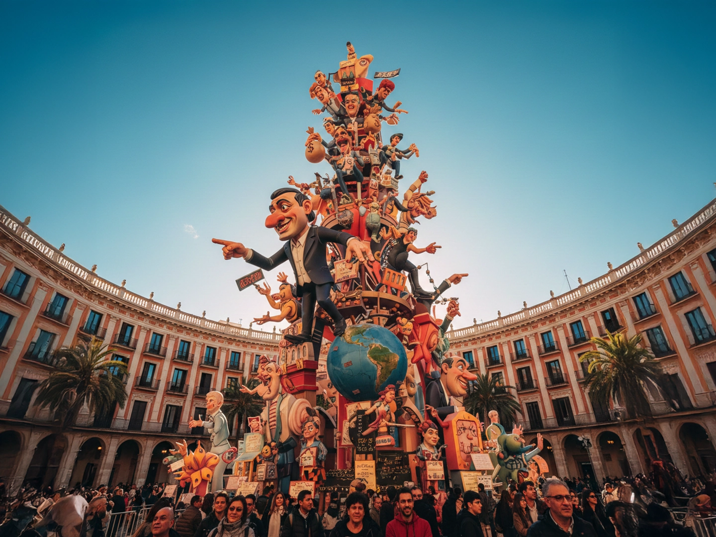 Gran escultura satírica de una Falla en una plaza circular rodeada de edificios clásicos con soportales. La estructura central, de varios metros de altura, presenta numerosas caricaturas de personajes, destacando uno en traje que señala hacia un lado y un globo terráqueo en la base. Una multitud de personas contempla la escena bajo un cielo despejado.