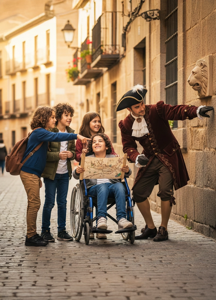 Un hombre vestido con un traje de época granate y sombrero de tres picos señala una escultura de cabeza de león en una pared de piedra mientras interactúa con cuatro niños en una calle empedrada. Uno de los niños, que utiliza una silla de ruedas, sostiene un mapa antiguo abierto, mientras los otros observan con curiosidad y señalan hacia la pared. La escena tiene una iluminación cálida y dorada, sugiriendo una actividad de turismo cultural o una búsqueda del tesoro en una ciudad histórica.